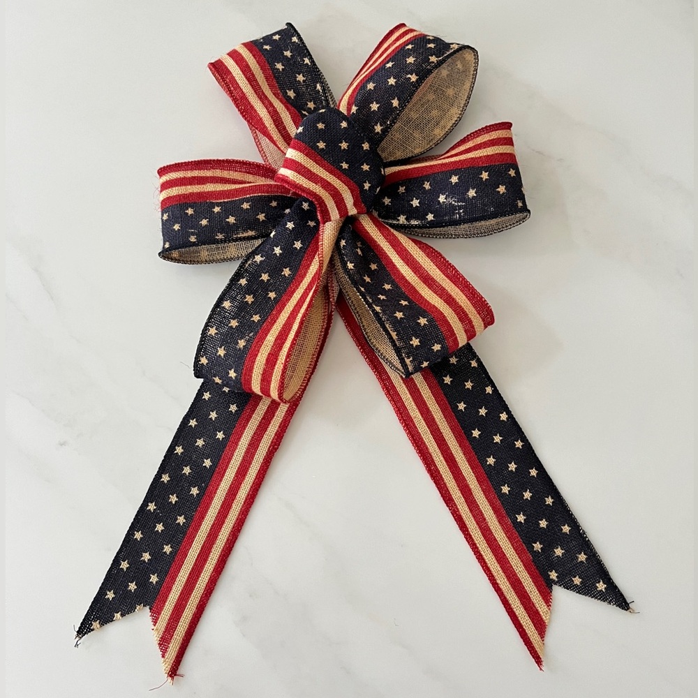 Burlap Bow Wreath Wired Flag Hand Made Red Blue Patriotic 24"×13"x 3.5"